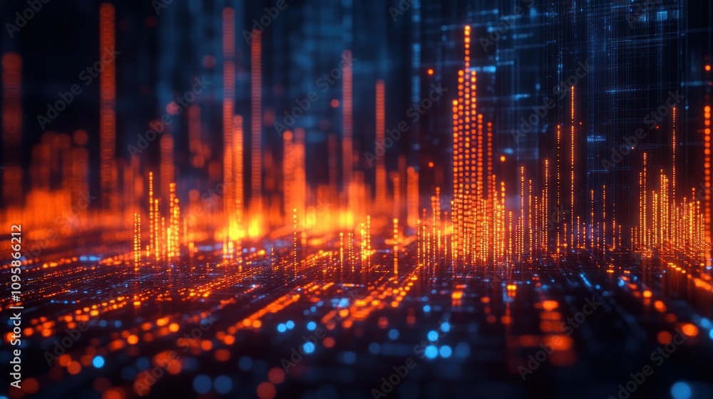 Poster abstract digital visualization of data with glowing orange and blue elements.
