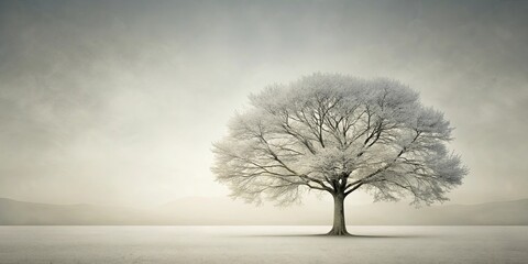 Obraz premium Serene Winter Landscape A Solitary Frost-Covered Tree in a Misty Field