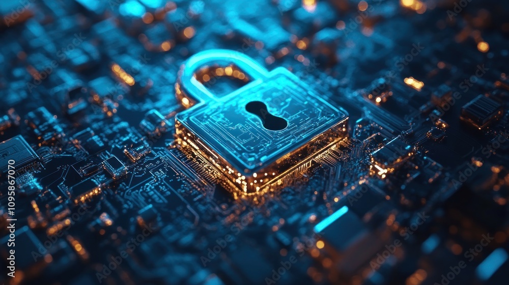 Poster a digital padlock on a circuit board, symbolizing cybersecurity and data protection.