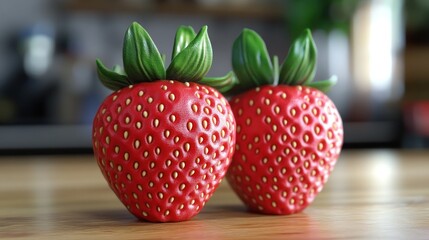 Two realistic strawberries with vibrant colors and detailed textures on a wooden surface.