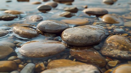 A macro shot of smooth, wet stones on a lakeshore, with some stones partially submerged in water.