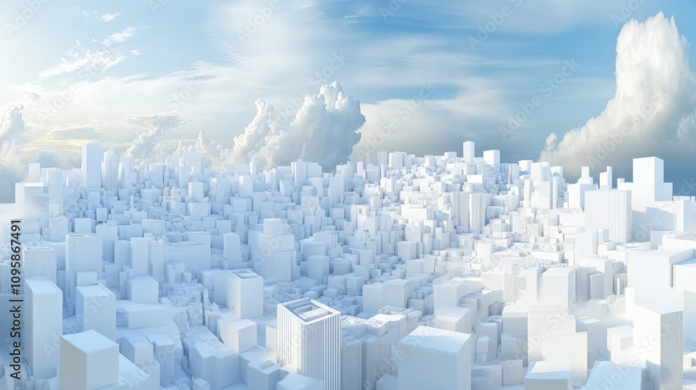 Poster 360 degree panorama view.a 3d rendering shows a panoramic view of a city made of white, abstract blo