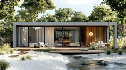 Obraz premium Modern Concrete and Wood House with Water Feature - 3D Illustration