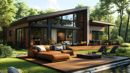Modern House with Patio and Pool - 3D Illustration