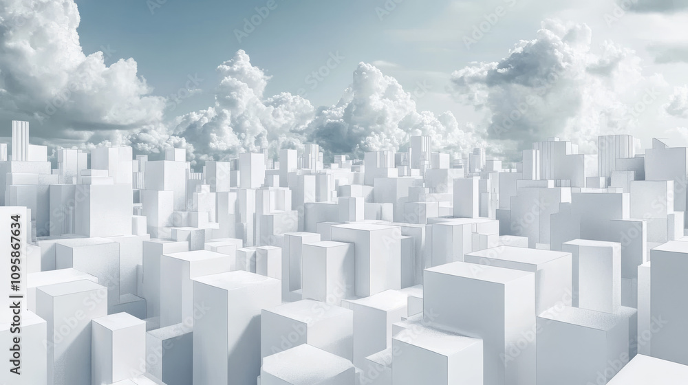 Poster 360 degree panorama view.a 3d rendering shows a panoramic view of a city made of white, abstract blo