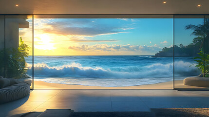 Fototapeta premium Ocean View Through Glass Doors - 3D Illustration