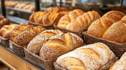 A bakery counter displaying warm, crusty loaves of fresh bread, ready to be served.