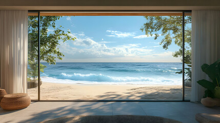 Ocean View Through Window 3D Illustration