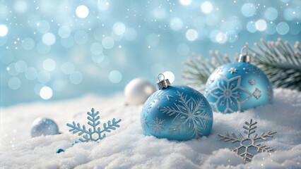 Blue Christmas Ornaments with Snowflake Designs on Snowy Background and Soft Bokeh Lights