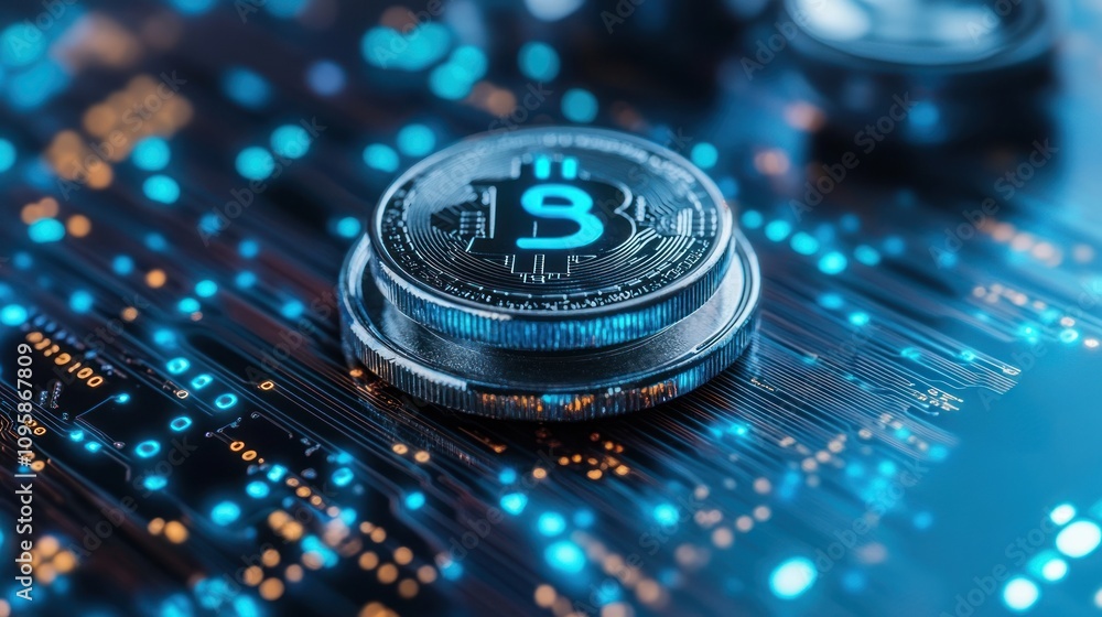 Aufkleber a digital representation of cryptocurrency with a coin on a circuit-like background.