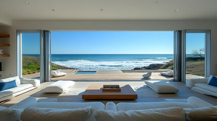 Fototapeta premium Ocean View Living Room with White Couches - Illustration