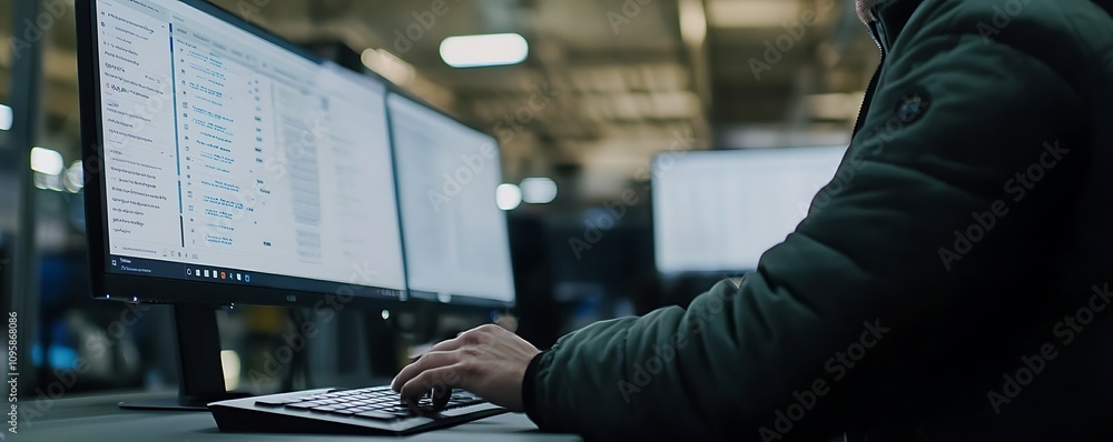 Poster a person working on dual monitors in a tech-focused environment.
