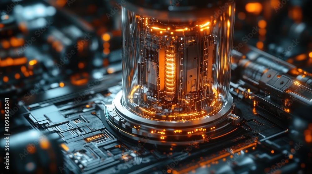 Aufkleber a close-up of a futuristic quantum computer with glowing circuitry and intricate details.