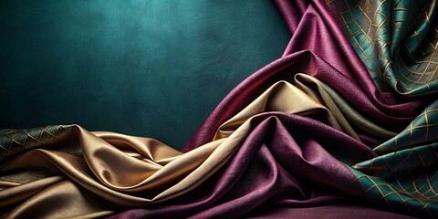 Luxurious Draped Fabrics in Rich Jewel Tones Against a Deep Green Background