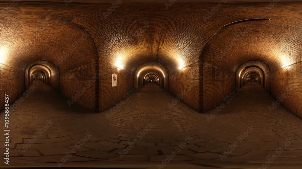 Poster 360 degree panorama view.a realistic 3d image of a dark, brick tunnel. it's a high-resolution, panor