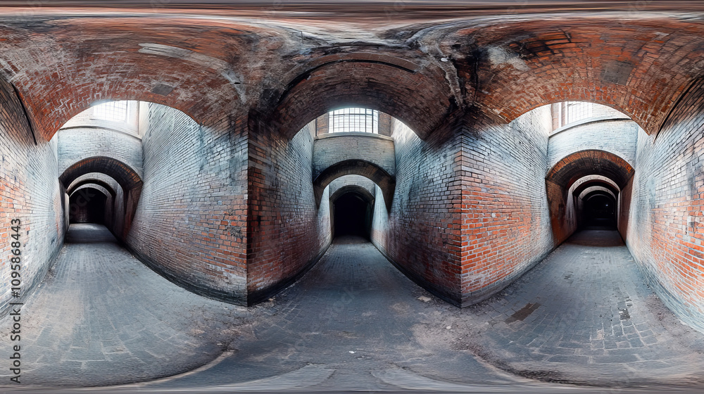 Poster 360 degree panorama view.a realistic 3d image of a dark, brick tunnel. it's a high-resolution, panor