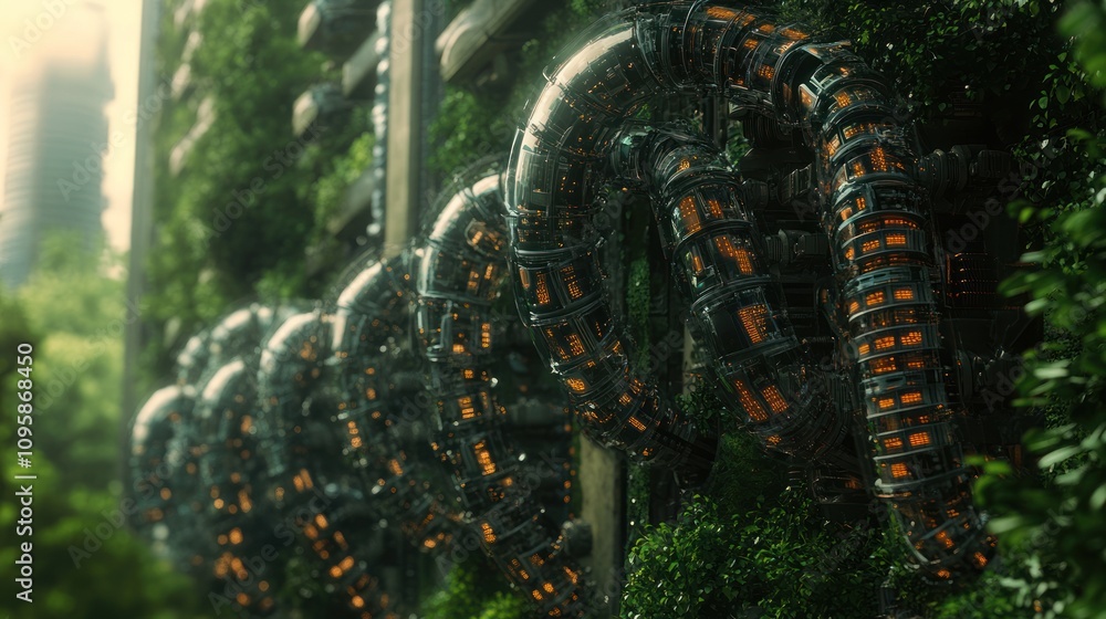 Poster futuristic structure integrating technology with greenery in a vibrant urban setting.
