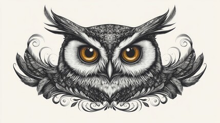 Fototapeta premium Majestic owl portrait with ornate wing design, detailed pencil sketch style.