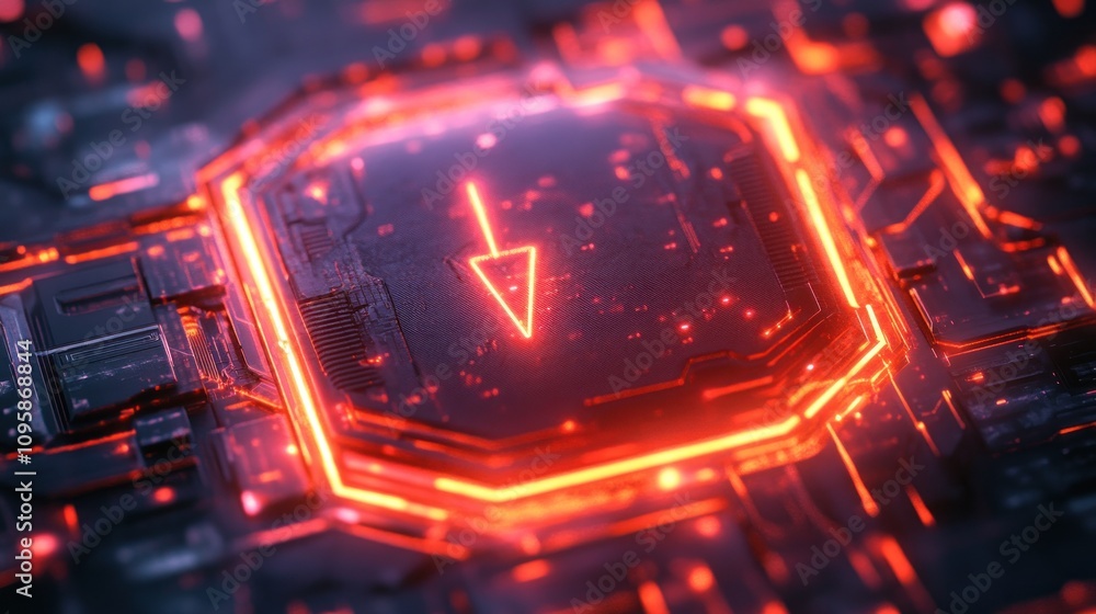 Aufkleber a futuristic circuit design featuring a glowing red arrow symbol in a tech environment.