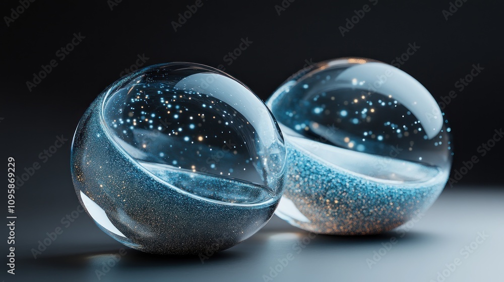 Poster two glass spheres filled with shimmering particles, creating a magical and ethereal effect.