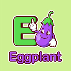 Eggplant cartoon mascot with letter E vector illustration
