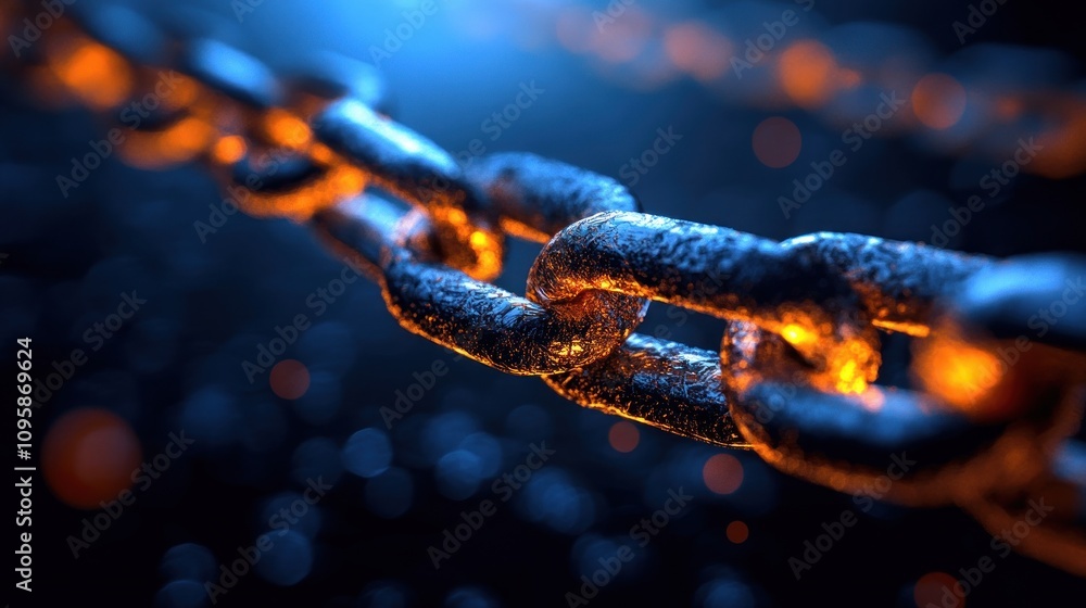 Poster a close-up view of a metallic chain with a glowing effect against a dark background.