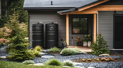 Modern Home Exterior with Rain Barrels and Gravel Landscaping - Illustration