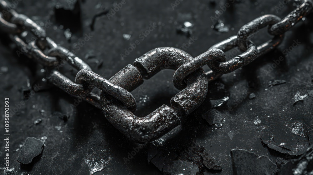 Poster a close-up of a rusty chain link on a dark surface, emphasizing strength and resilience.
