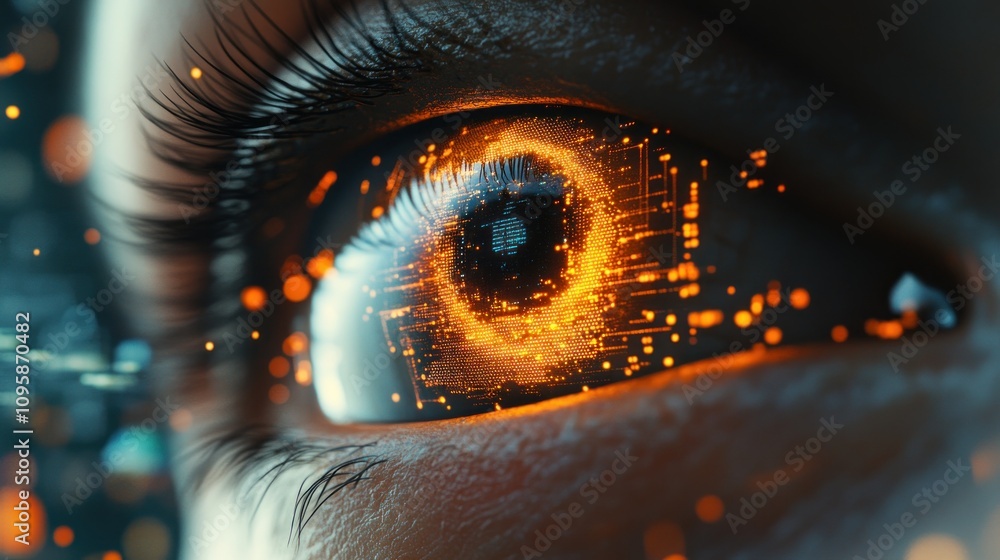Poster a close-up of an eye with digital patterns and glowing elements, symbolizing technology and vision.