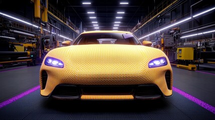 Obraz premium Futuristic Yellow Car in Modern Factory Smart Automobile Production Line