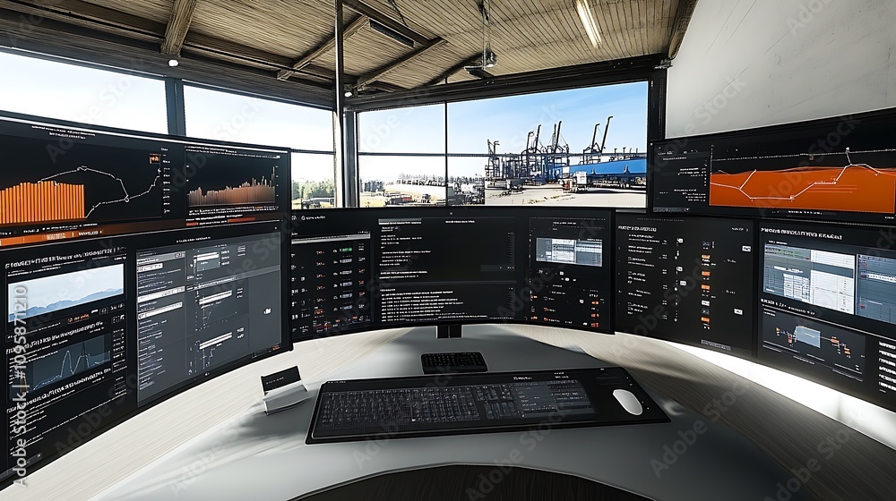 Poster a modern control room with multiple screens displaying data and analytics.