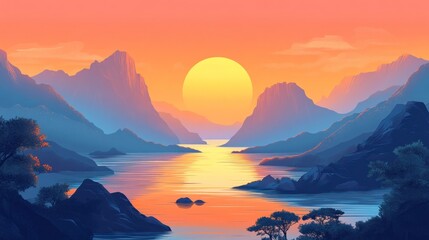 Obraz premium Serene sunset over mountains and a river, creating a tranquil landscape scene.