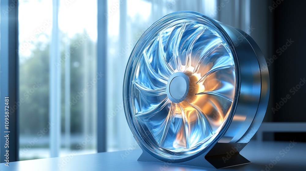 Poster a modern fan with a sleek design, showcasing dynamic airflow and illuminated features.