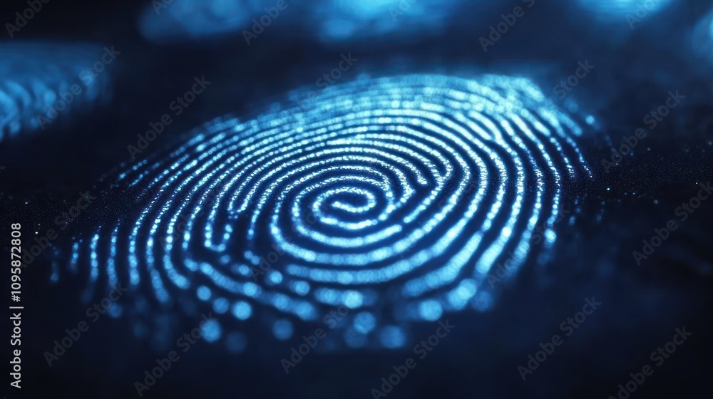 Poster a close-up of a glowing fingerprint pattern, highlighting its intricate spiral design.