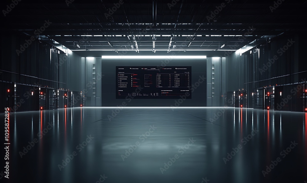 Aufkleber a dimly lit industrial space featuring a large screen displaying data or metrics.