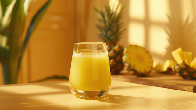 Fresh orange drink full of multivitamins for healthy diet concept. Glass filled with freshly pressed pineapple juice drink with fresh fuit in the background. 