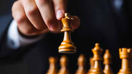 Hand moving wooden king chess piece in strategic game play