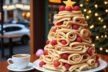 Delightful Christmas Crepe Cake with Raspberries and Coffee - Perfect for Festive Celebrations and Holiday Treats