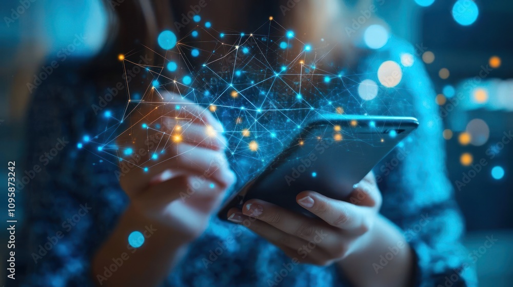 Aufkleber a person interacting with a smartphone, surrounded by digital connections and data visualization.