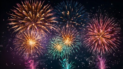 Abstract colored fireworks background with beautiful fireworks lighting up the night sky. Bokeh effect
