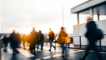 Obraz premium Evacuation Crowd Blur: A hazy depiction of a crowd moving in a coordinated evacuation effort. 