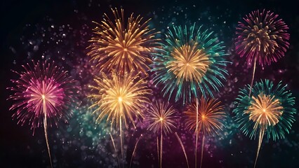 Fototapeta premium Abstract colored fireworks background with beautiful fireworks lighting up the night sky. Bokeh effect