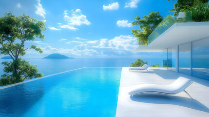 Modern House with Infinity Pool and Ocean View - 3D Illustration