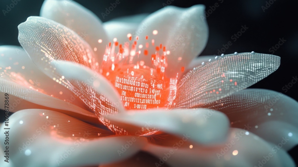 Aufkleber a digital flower with glowing elements and binary code, symbolizing technology and nature.