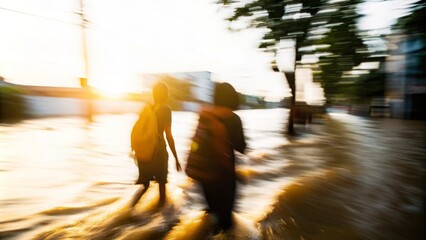 Flood Escape Blur: A faint image of people wading through floodwaters toward higher ground.
