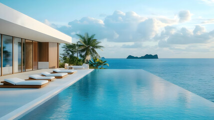 Fototapeta premium Modern House with Infinity Pool Overlooking Ocean - 3D Illustration