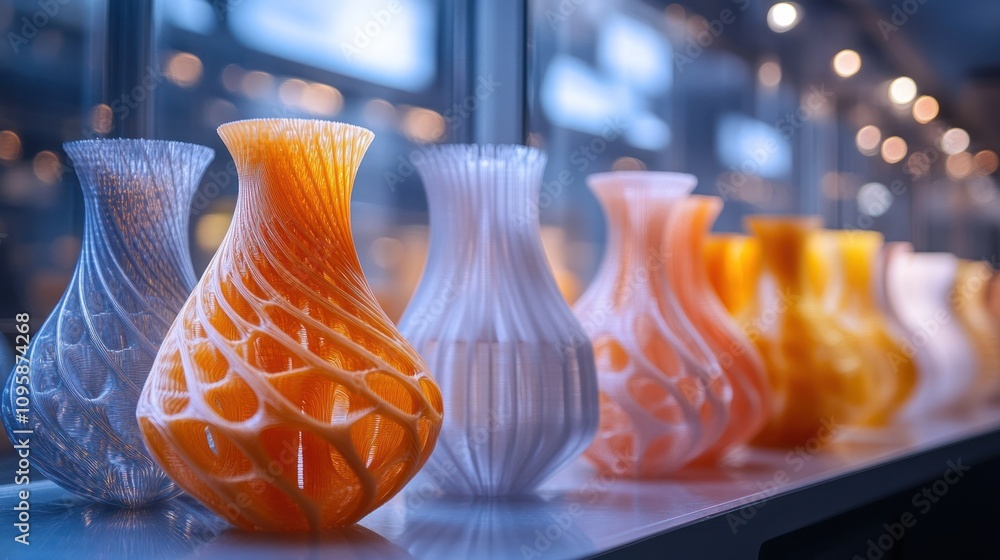 Poster a collection of intricately designed vases showcasing modern 3d printing techniques.