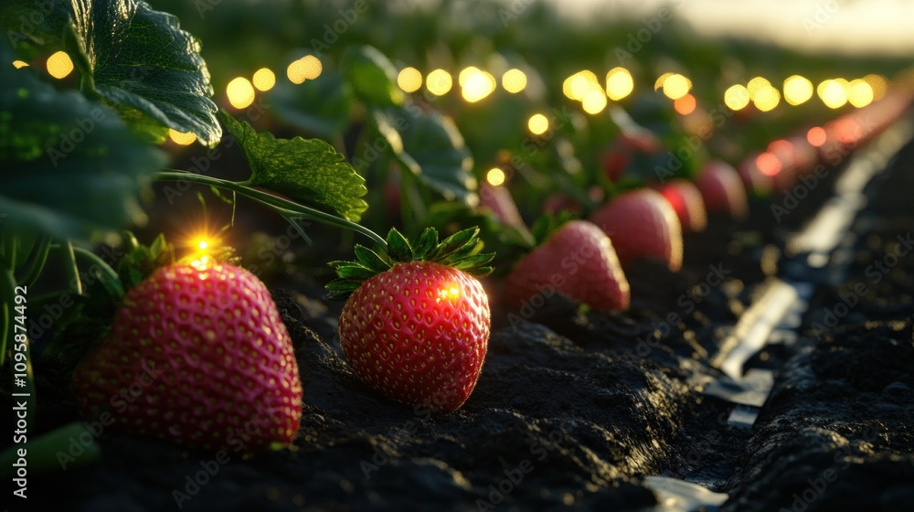 Poster a close-up view of ripe strawberries in a field with soft lighting and lush greenery.
