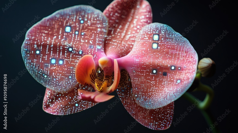 Poster a digital art representation of an orchid with circuit-like patterns.