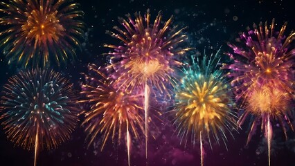 Abstract colored fireworks background with beautiful fireworks lighting up the night sky. Bokeh effect